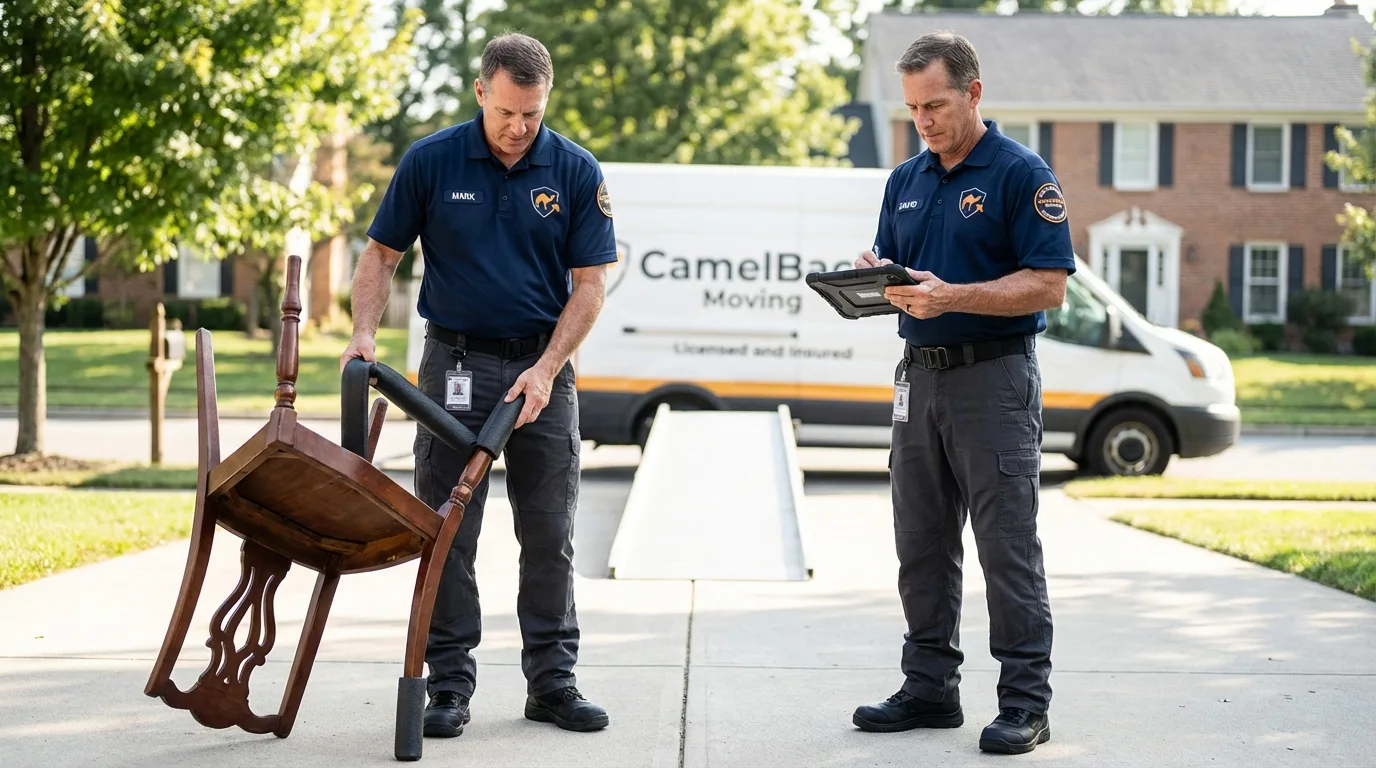 Movers inspecting furniture for damage prevention before loading in Spokane, WA