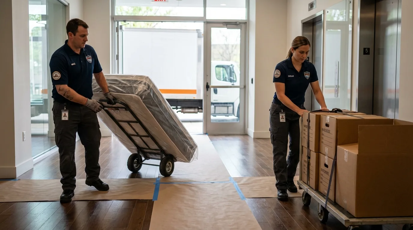 Professional apartment movers loading elevator in Spokane, WA